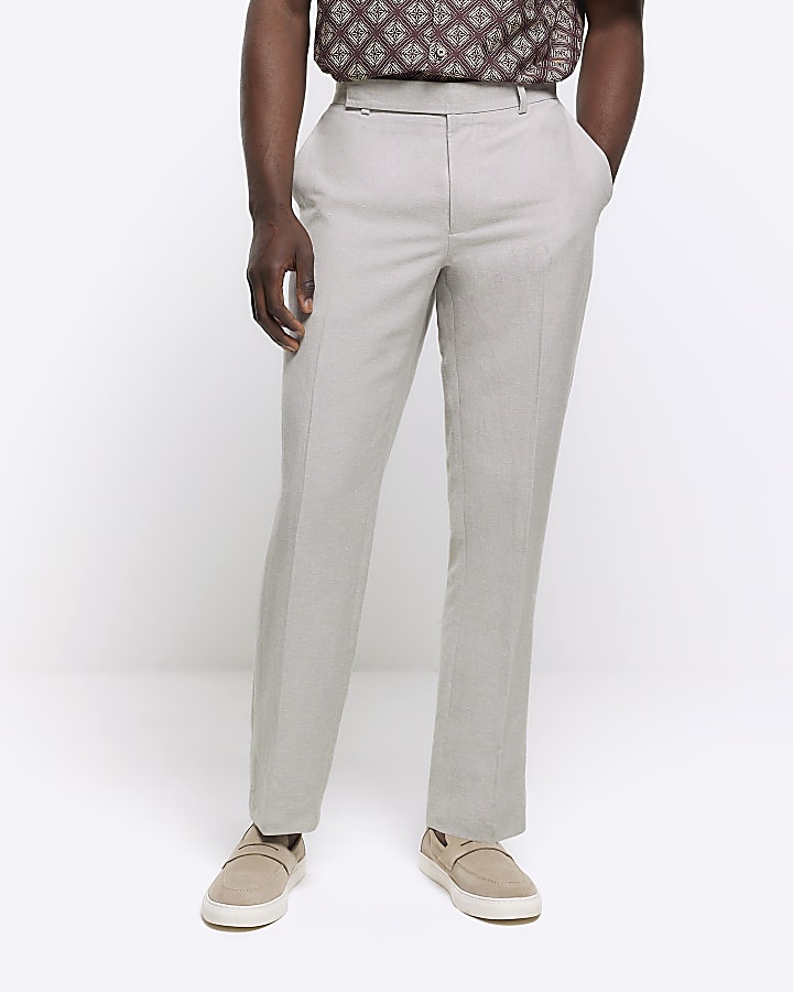 Beige slim fit linen blend suit trousers