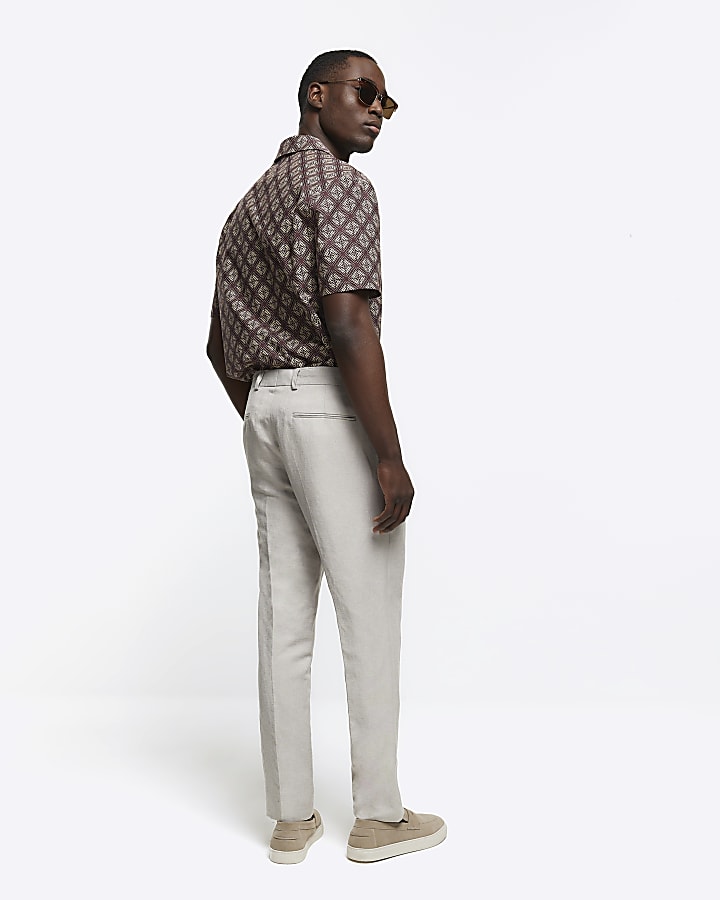 Beige slim fit linen blend suit trousers