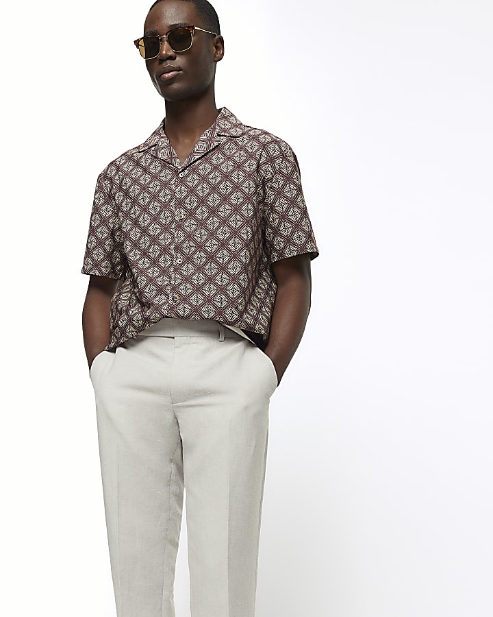 Beige slim fit linen blend suit trousers