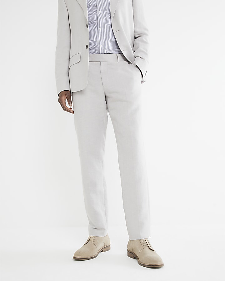 Beige slim fit linen blend suit trousers