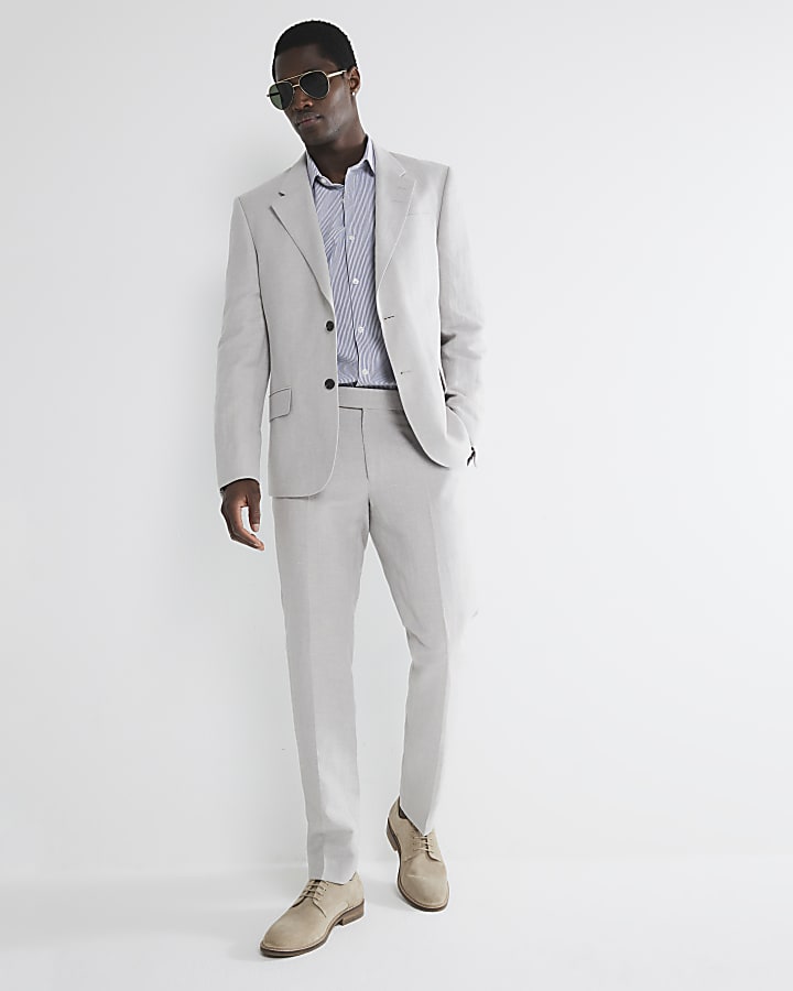 Beige slim fit linen blend suit trousers