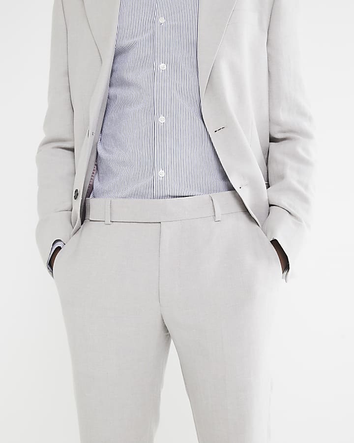 Beige slim fit linen blend suit trousers