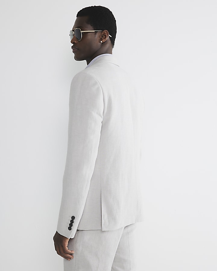 Beige slim fit linen blend suit jacket