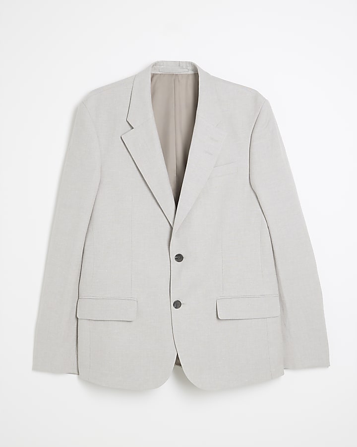 Stone slim fit linen blend suit jacket