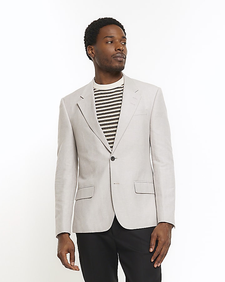 Stone slim fit linen blend suit jacket