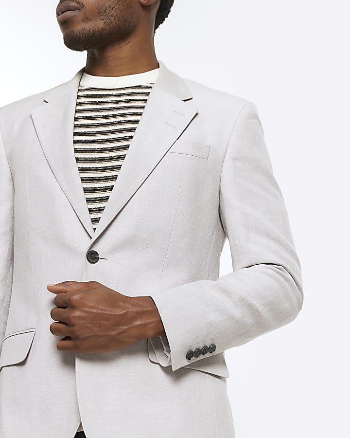 Beige slim fit linen blend suit jacket