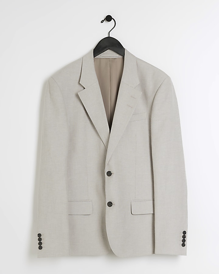 Beige slim fit linen blend suit jacket