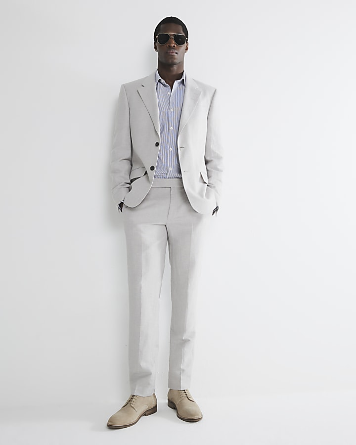 Beige slim fit linen blend suit jacket