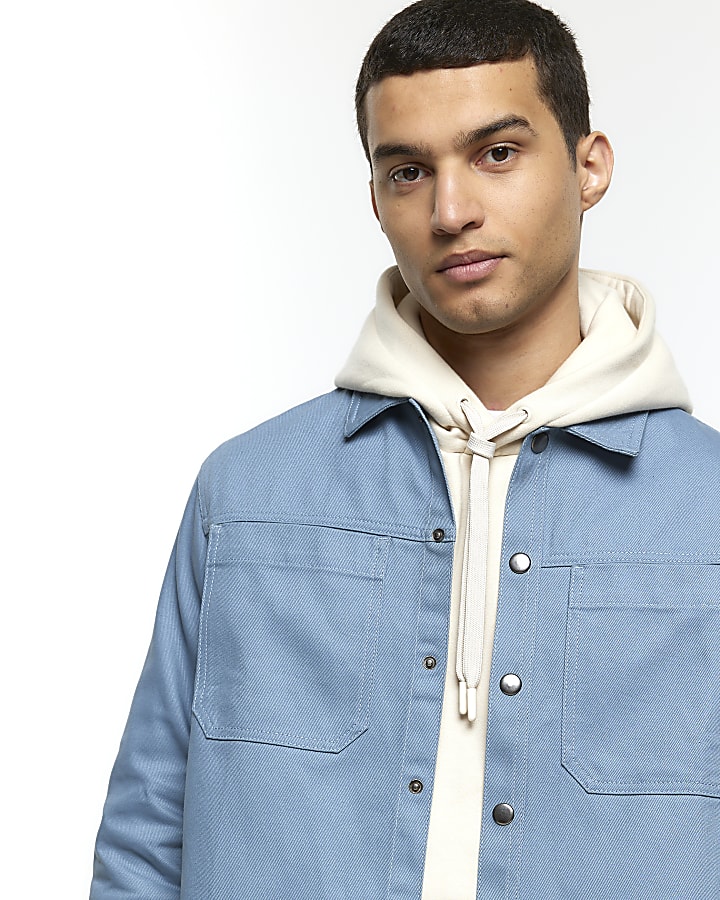 Blue regular fit popper front overshirt