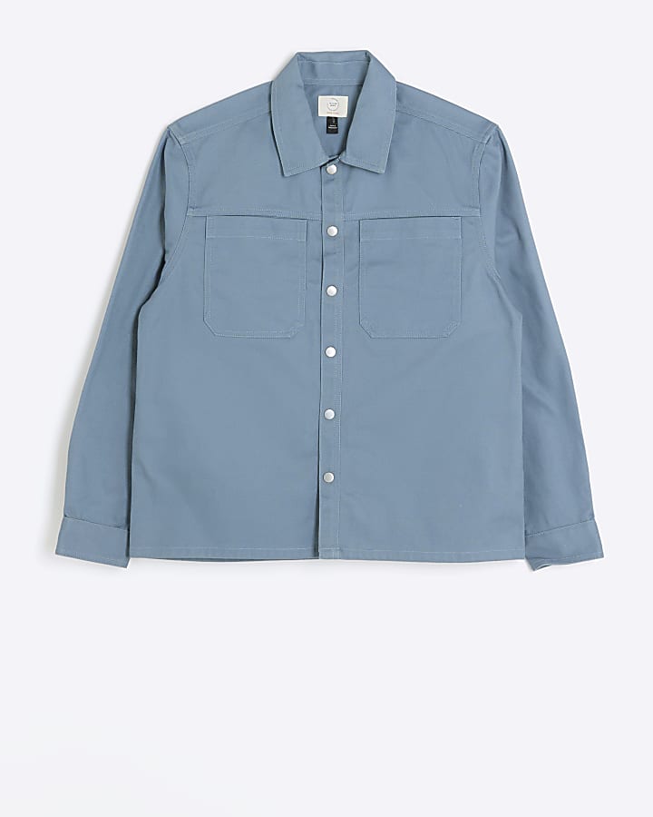 Blue regular fit popper front overshirt