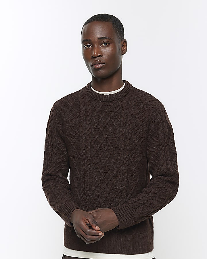 Brown slim fit cable knit jumper