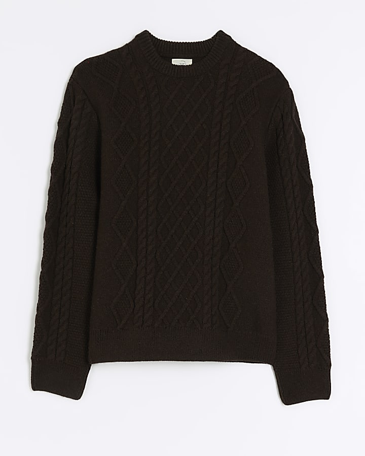 Brown slim fit cable knit jumper