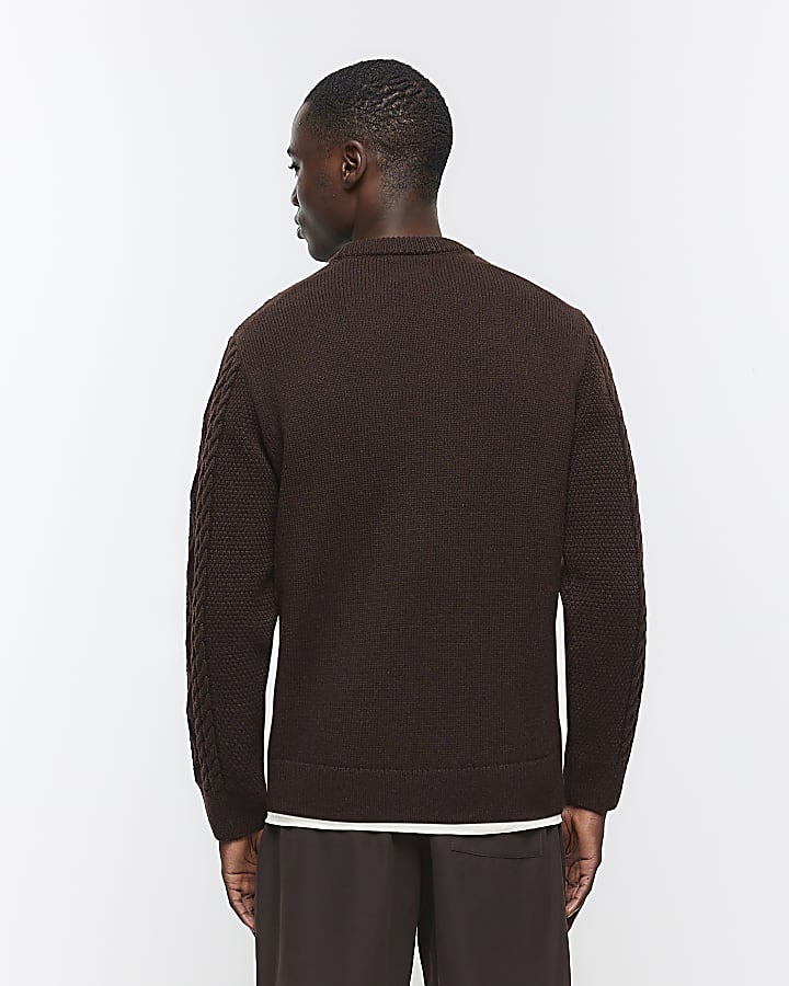 Brown slim fit cable knit jumper