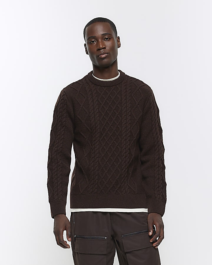 Brown slim fit cable knit jumper