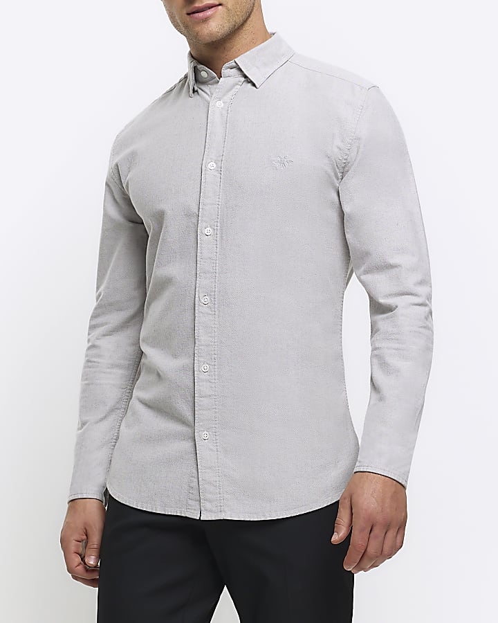 Grey muscle fit stretch oxford smart shirt