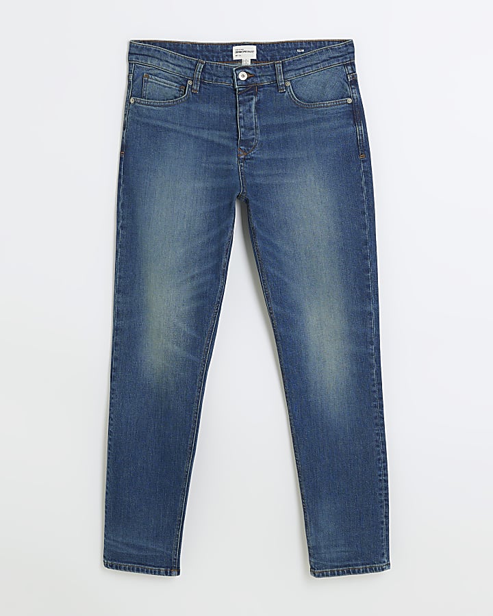 Dark blue slim fit faded jeans