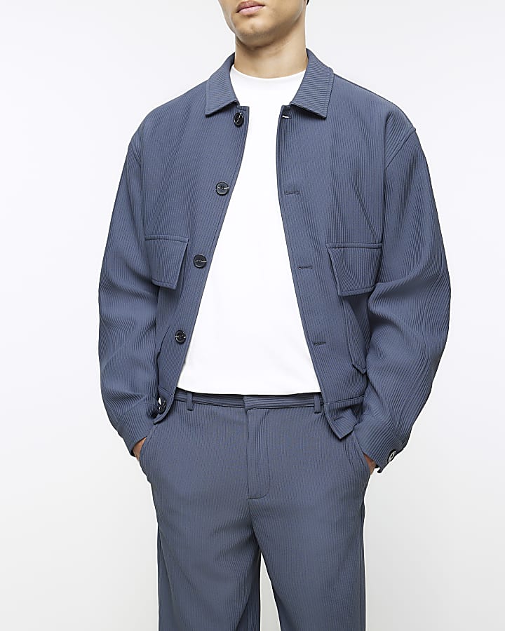 Blue tapered fit plisse smart trousers