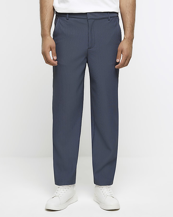 Blue tapered fit plisse smart trousers