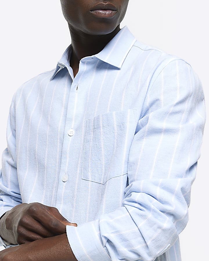 Blue regular fit striped linen blend shirt