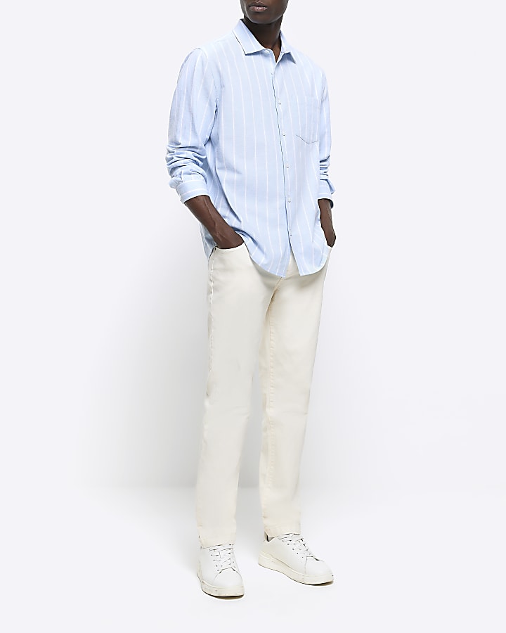 Blue regular fit striped linen blend shirt