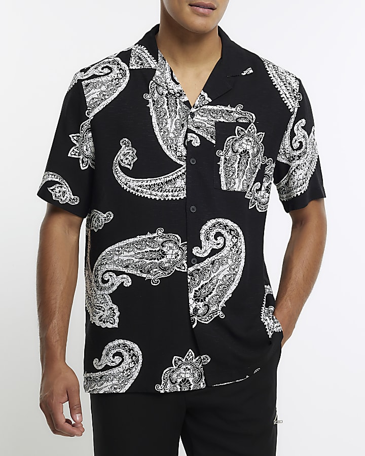 Black regular fit paisley revere shirt