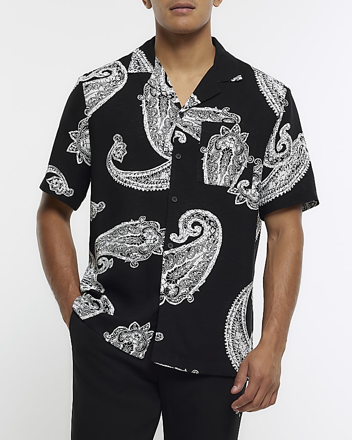 Black regular fit paisley revere shirt