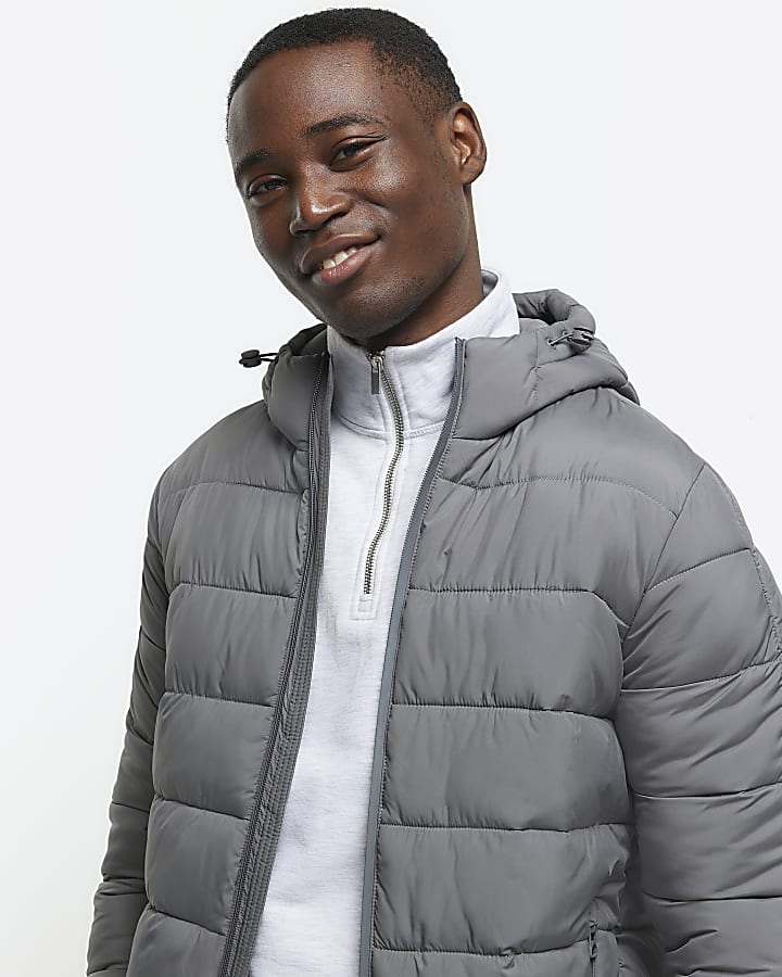 Grey regular fit hooded puffer jacket