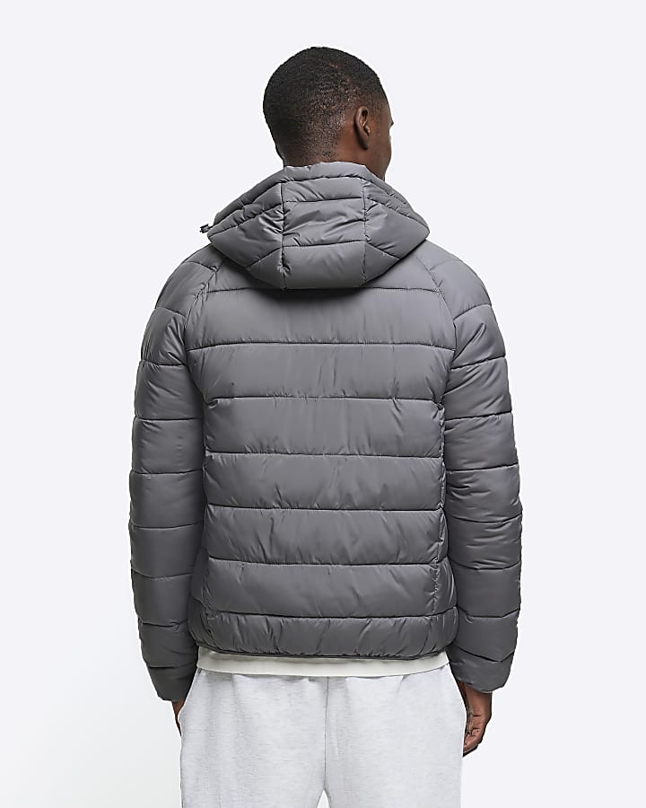 Grey regular fit hooded puffer jacket