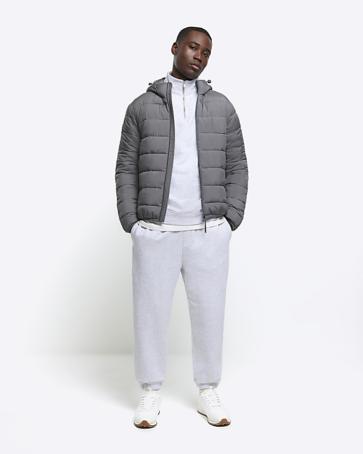 Grey regular fit hooded puffer jacket