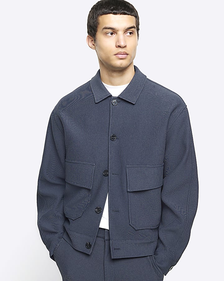 Blue regular fit plisse Harrington jacket