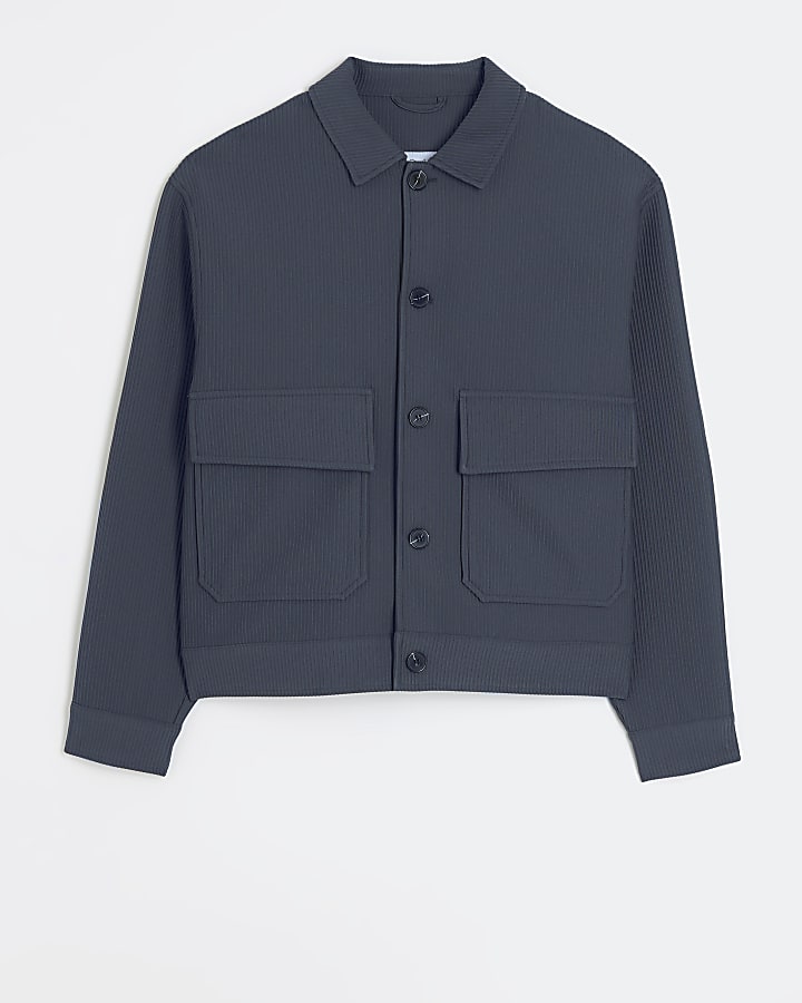 Blue regular fit plisse Harrington jacket