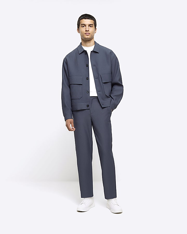 Blue regular fit plisse Harrington jacket