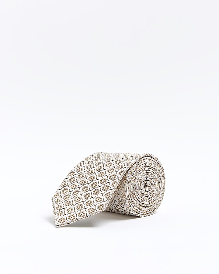 Cream jacquard geometric tie