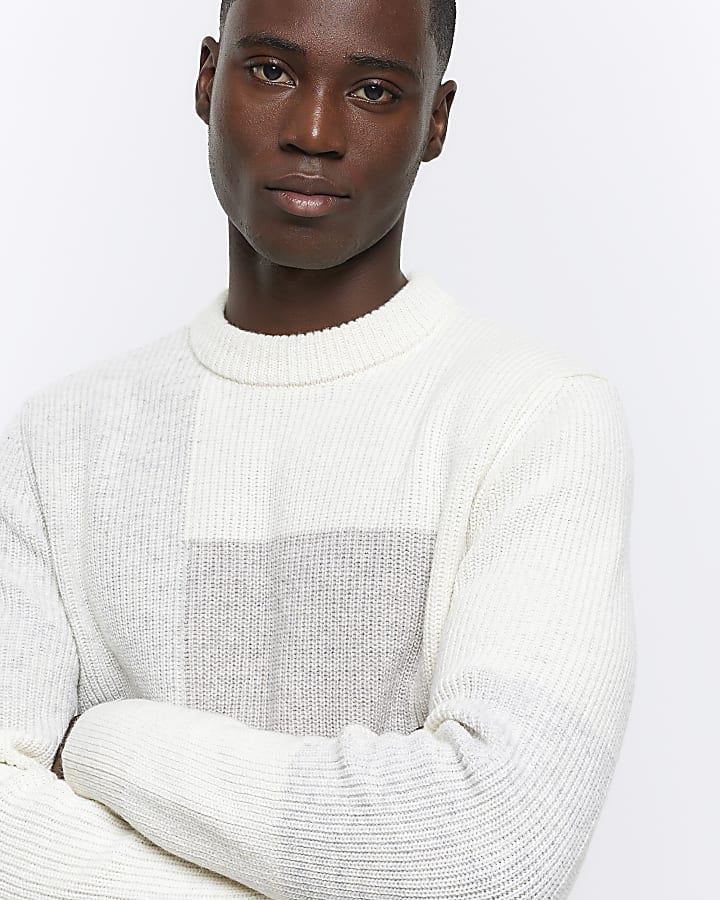 Beige slim fit colour block jumper