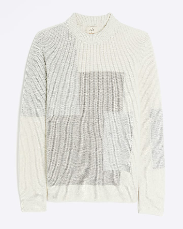 Beige slim fit colour block jumper