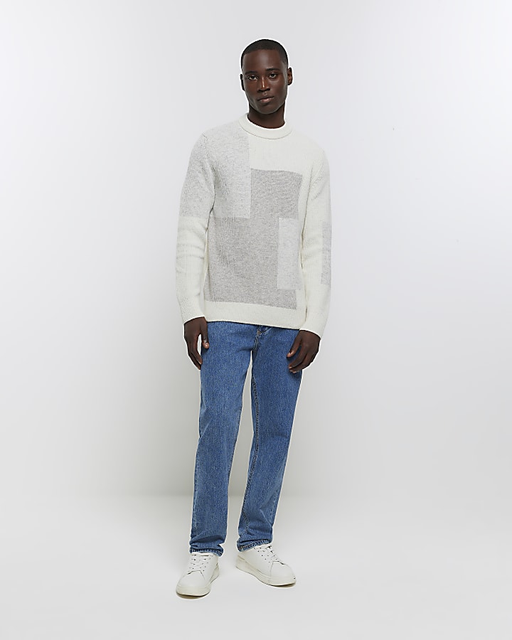 Beige slim fit colour block jumper