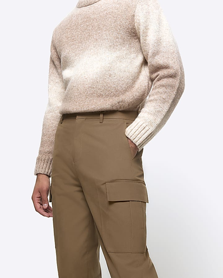 Beige tapered fit cargo smart trousers