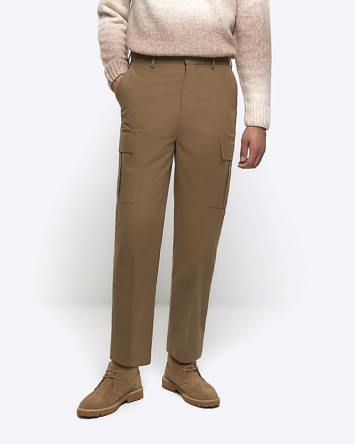 Beige tapered fit cargo smart trousers