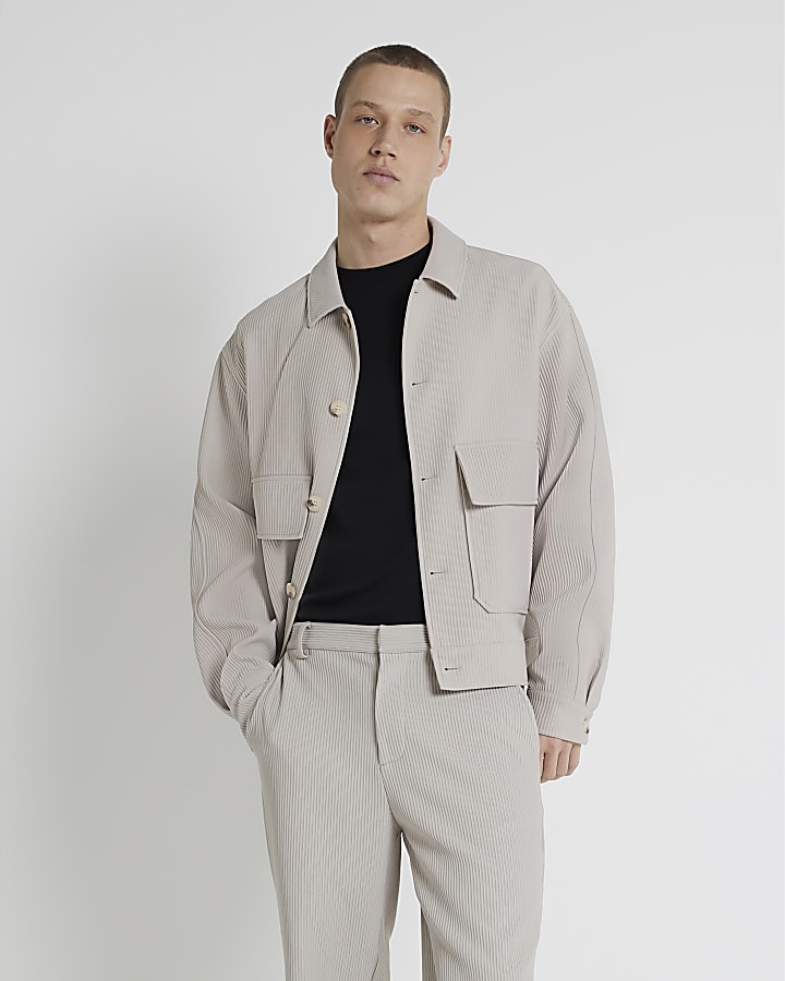 Beige regular fit plisse harrington jacket