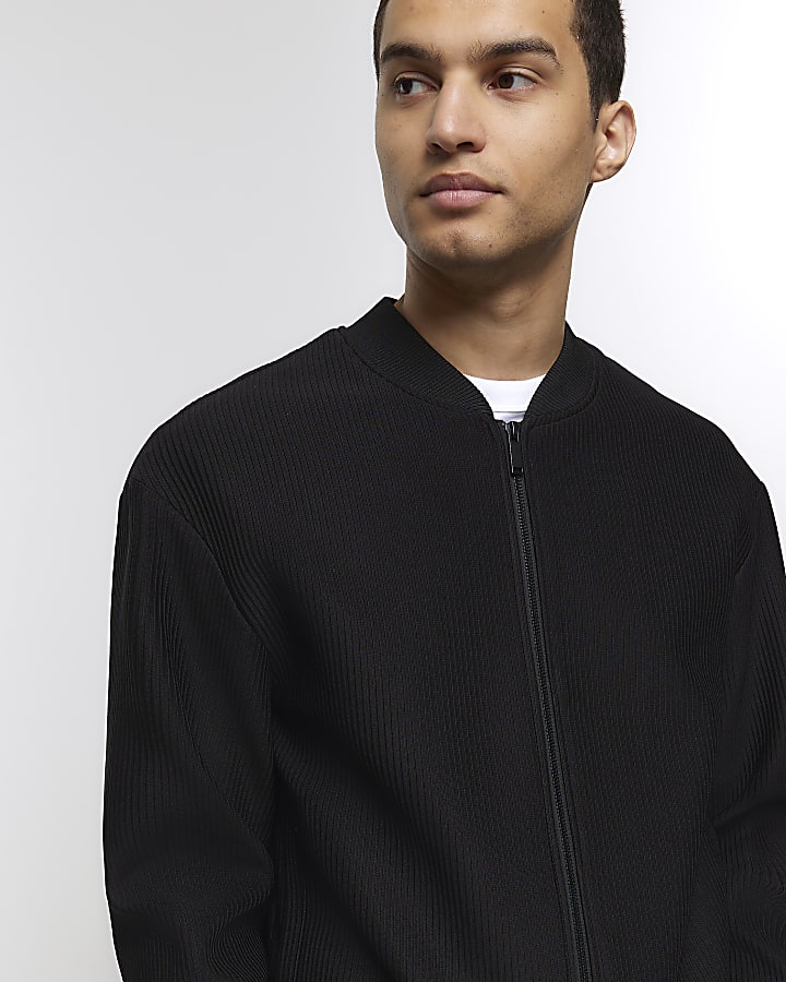 Black regular fit plisse zip bomber jacket