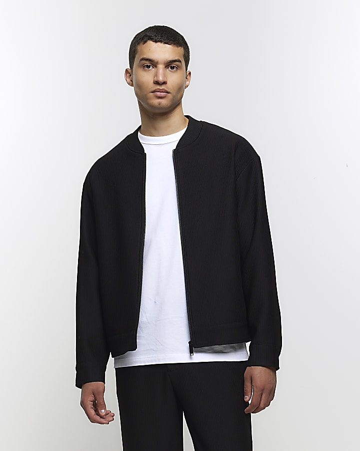 Black regular fit plisse zip bomber jacket