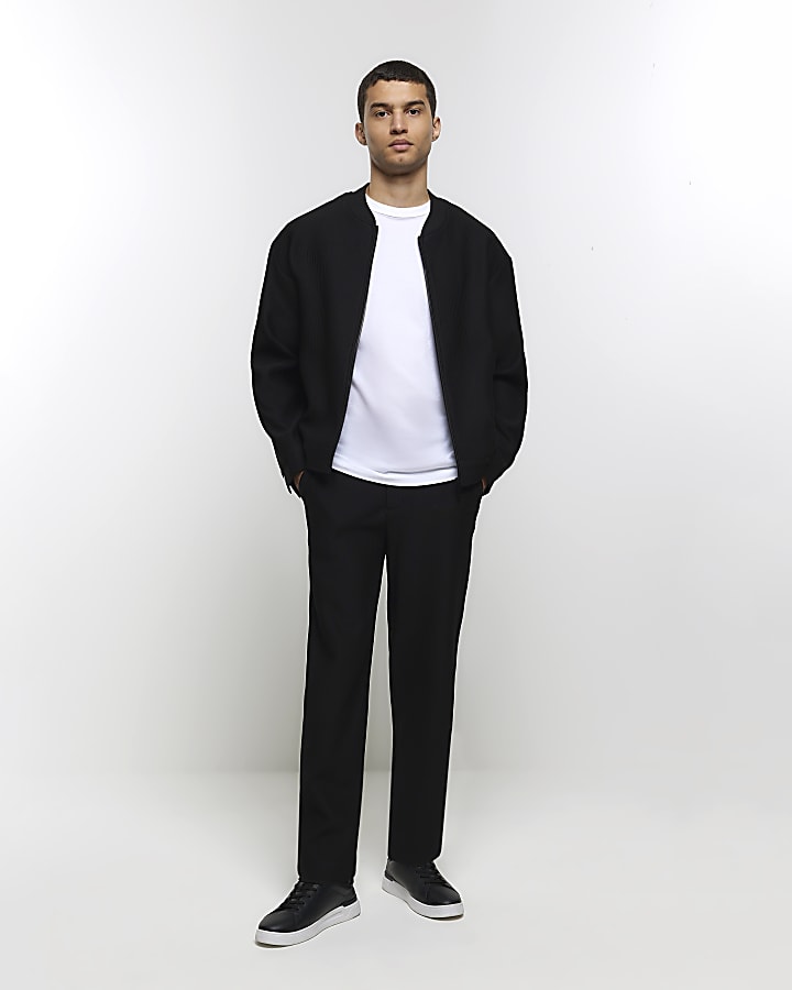 Black regular fit plisse zip bomber jacket