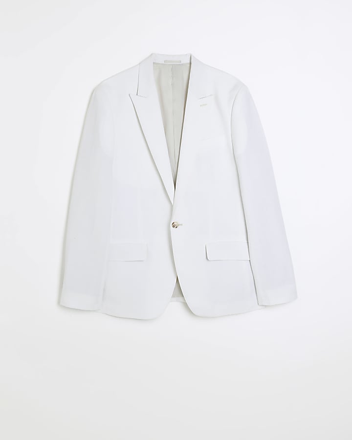 White slim fit linen blend suit jacket