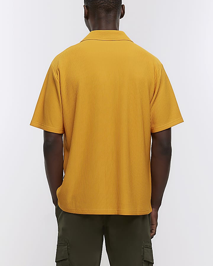 Orange regular fit plisse revere shirt