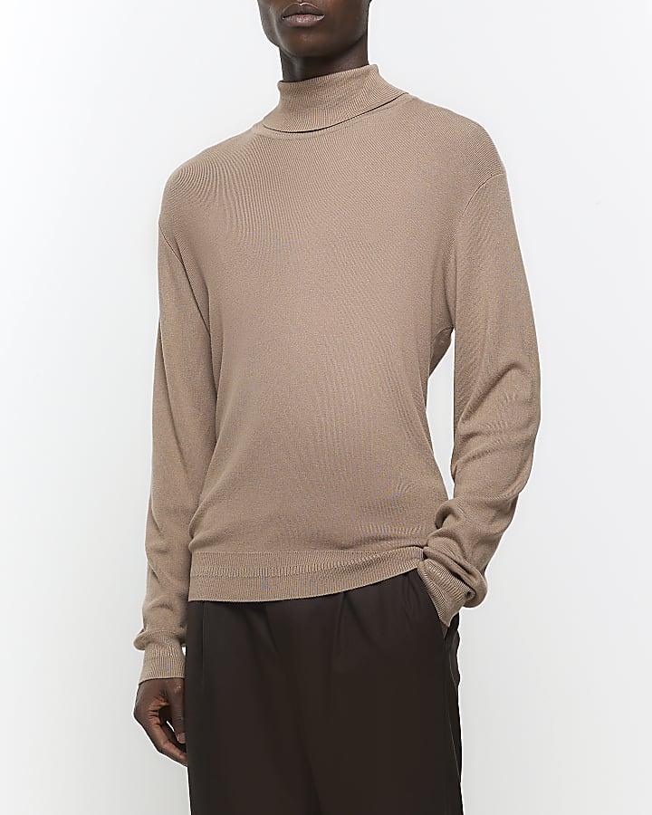 Stone slim fit rolled neck jumper River Island