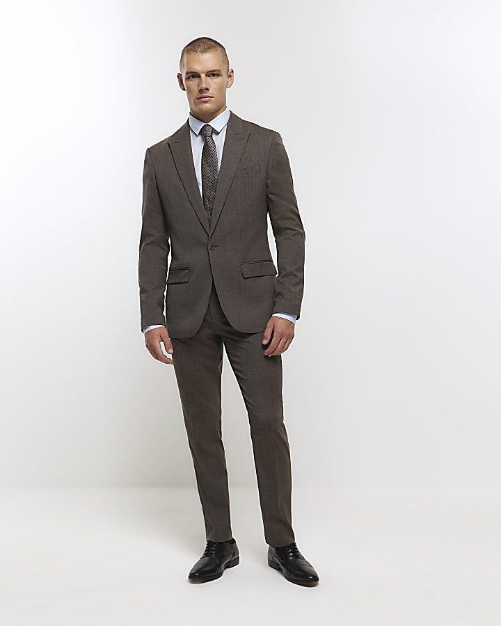 Brown slim fit wool blend suit jacket