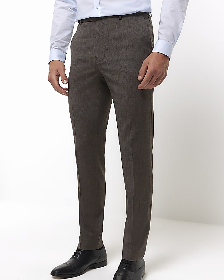 Brown slim fit wool blend suit trousers