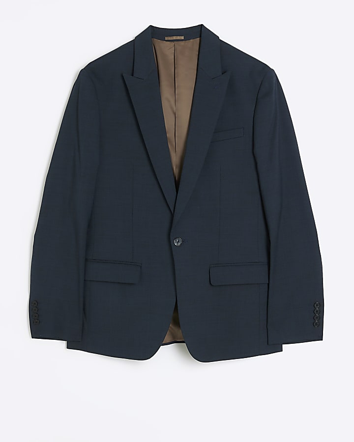 Blue slim fit wool blend suit jacket