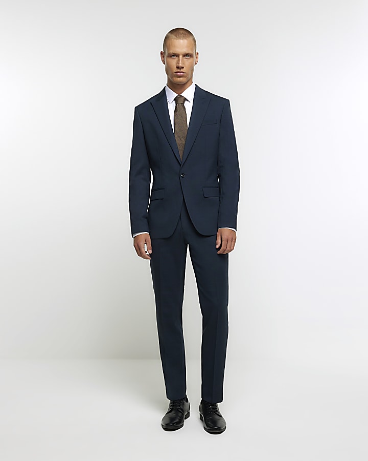 Blue slim fit wool blend suit jacket