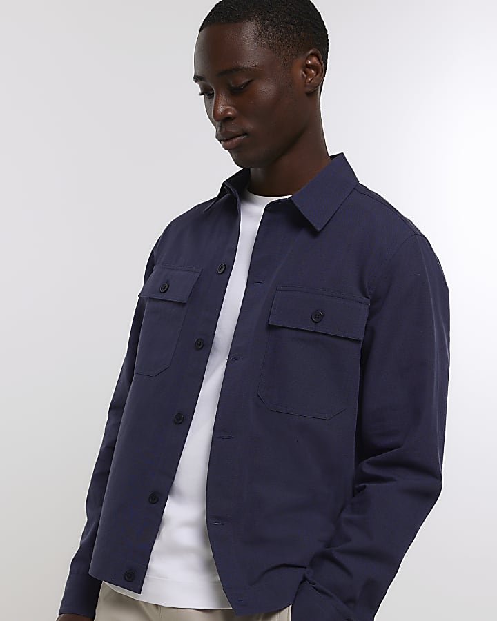 Navy regular fit linen blend overshirt